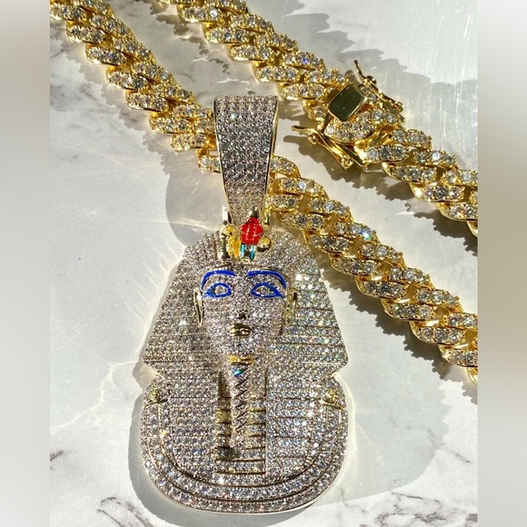 Men 14k Gold Fill Stamp Ice Egyptian King Tut Pharaoh Iced Miami Chain+Pendant - Picture 4 of 7